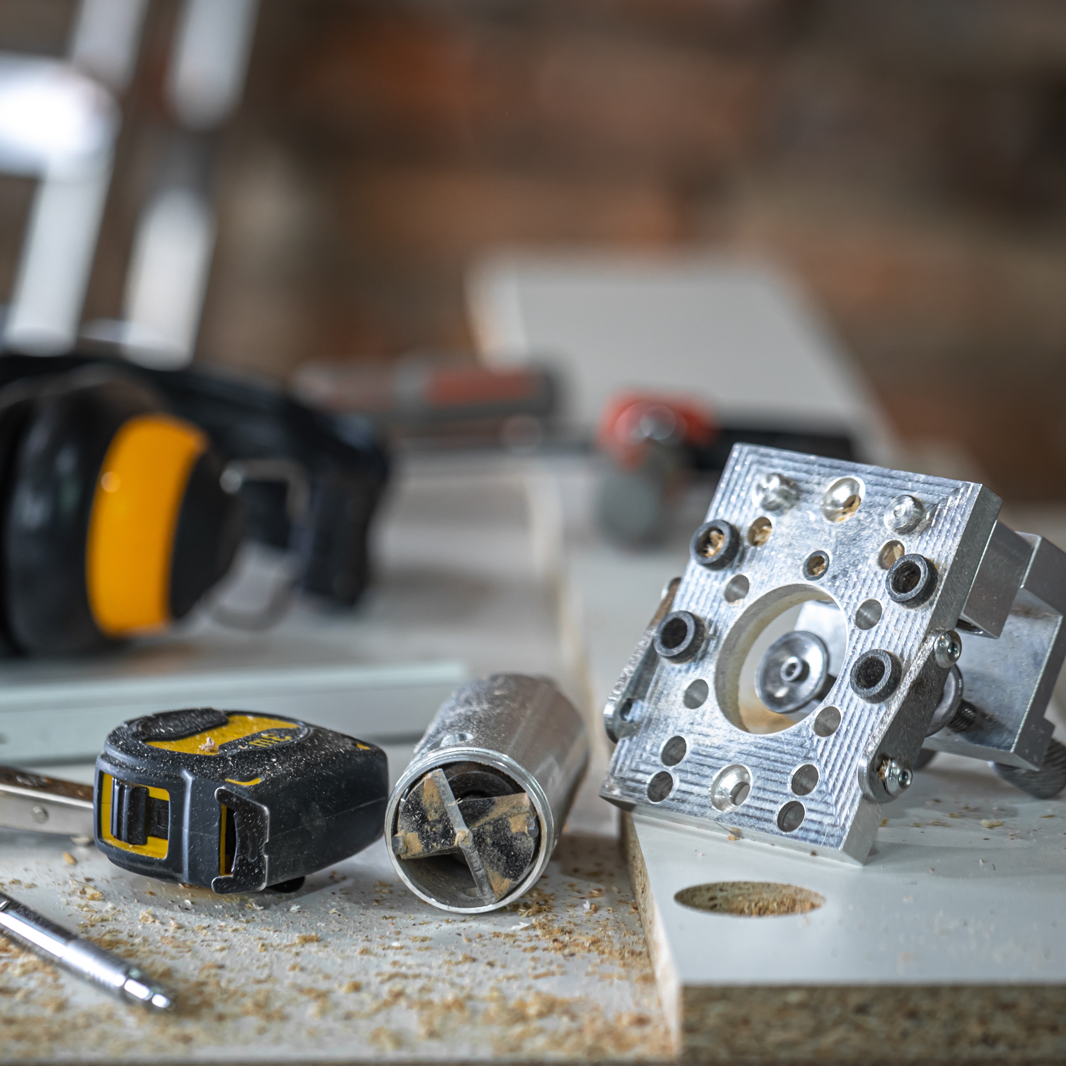 A set of carpenter's tools, accessories for precision drilling and wood measurement.